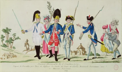 1789. október 6. emlékezetes napja, indulás Versailles-ból Párizsba: a Gardes du Corps, a párizsi Nemzeti Gárda és a párizsi hősnők